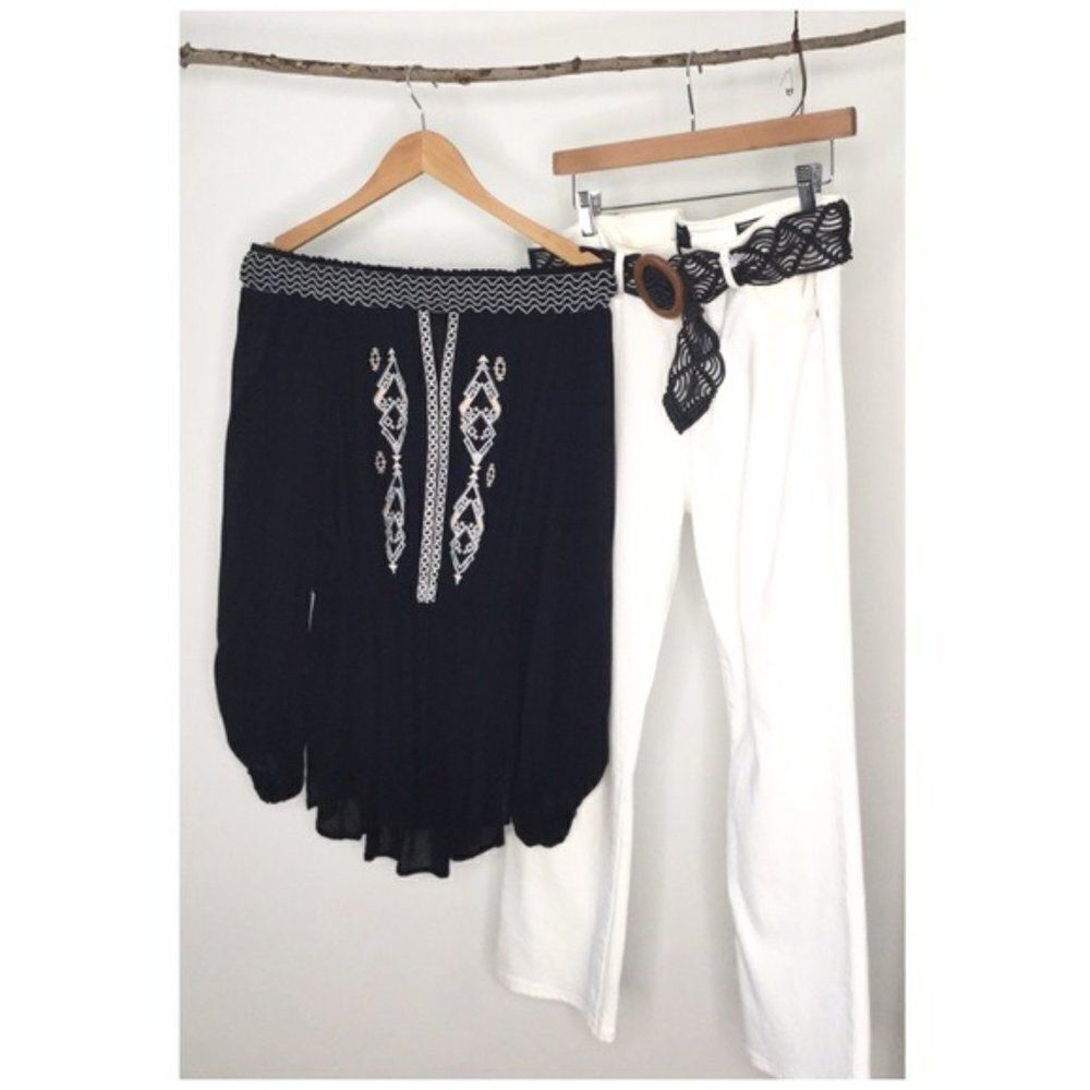 𝅺boho Off Shoulder Embroidered Blouse White & Black - Picture 10 of 10